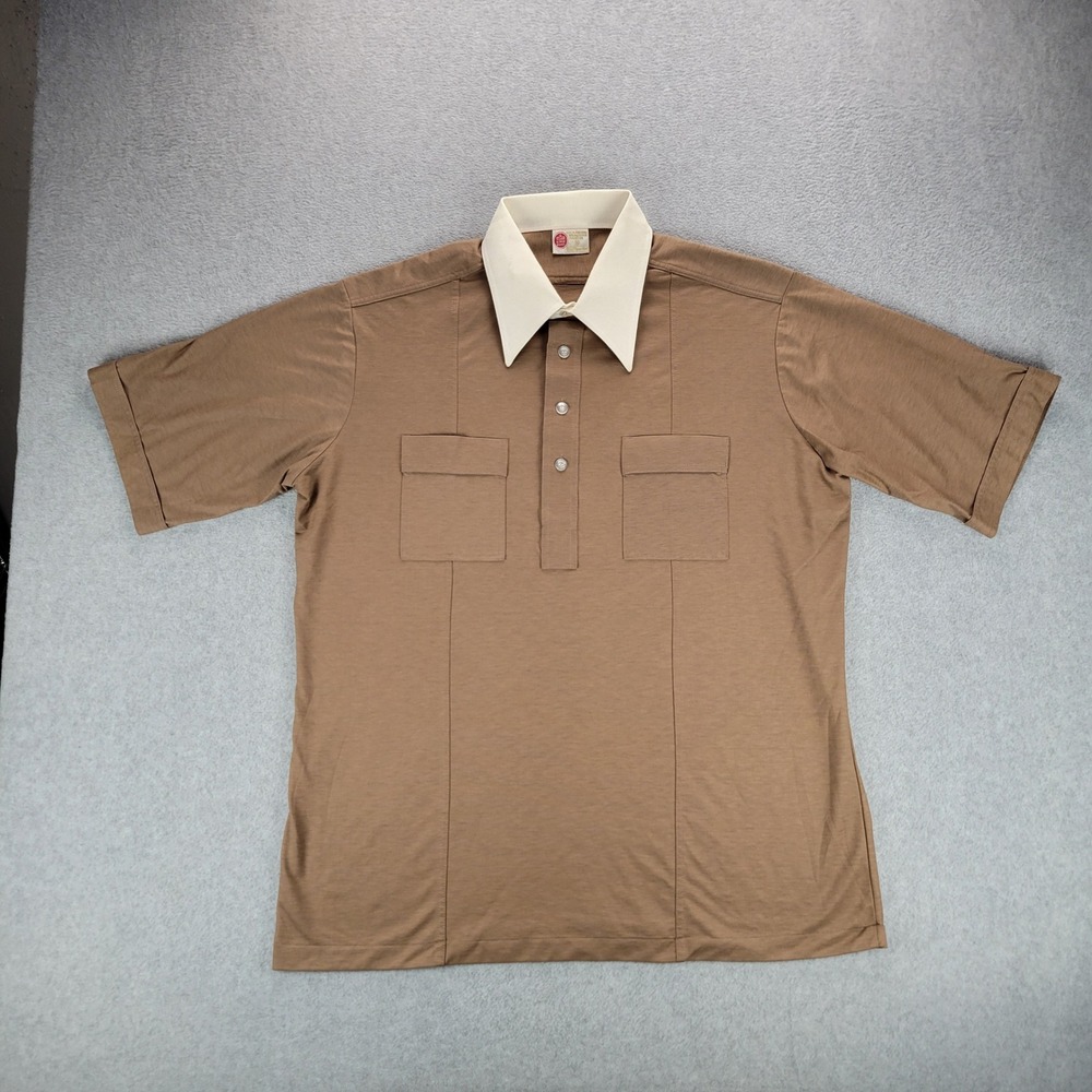 Kings Road Polo Shirt Mens XL Brown Vintage 70s Contrast Collar Short Sleeve